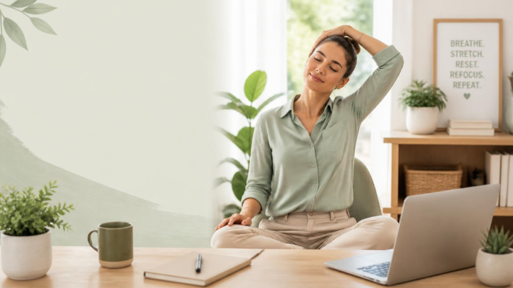 Professional practicing yoga stretches beside a desk during a 15-minute office break.