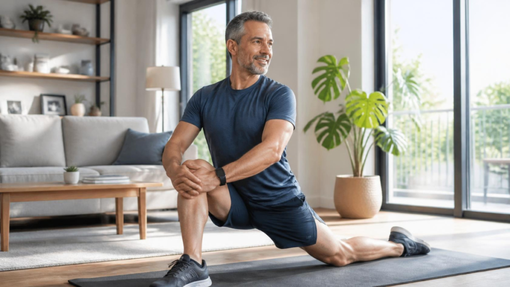 Person over 40 performing a hip mobility stretch in a bright living room to improve flexibility and reduce stiffness.